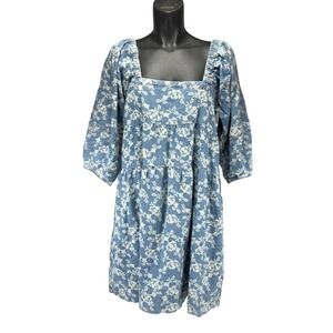 CAMAIEU Denim Floral Puff Balloon Sleeve Tiered Babydoll Blue‎ Mini Dress Size M